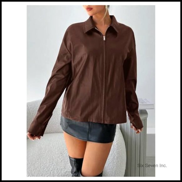 PU Leather Bomber Jacket Zip Up Collared Long Sleeve Casual Motorcycle Outerwear - Picture 4 of 6